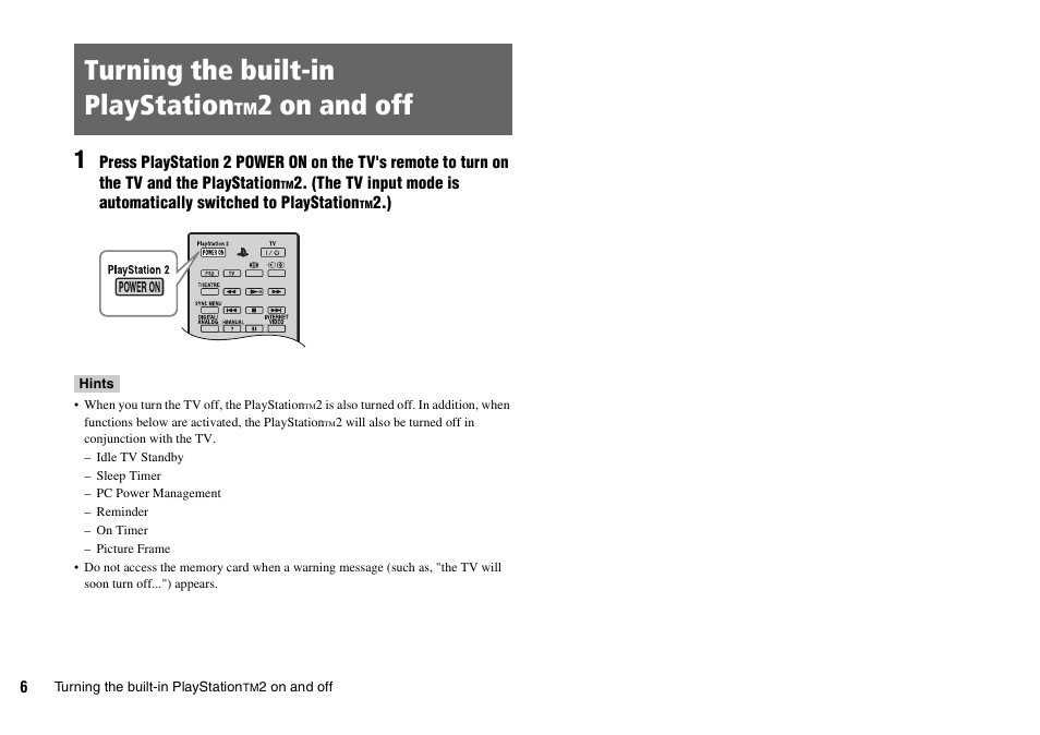 Turning the built-in playstationtm2 on and off, Turning the built-in playstation, 2 on and off | Sony KDL-22PX300 User Manual | Page 6 / 297
