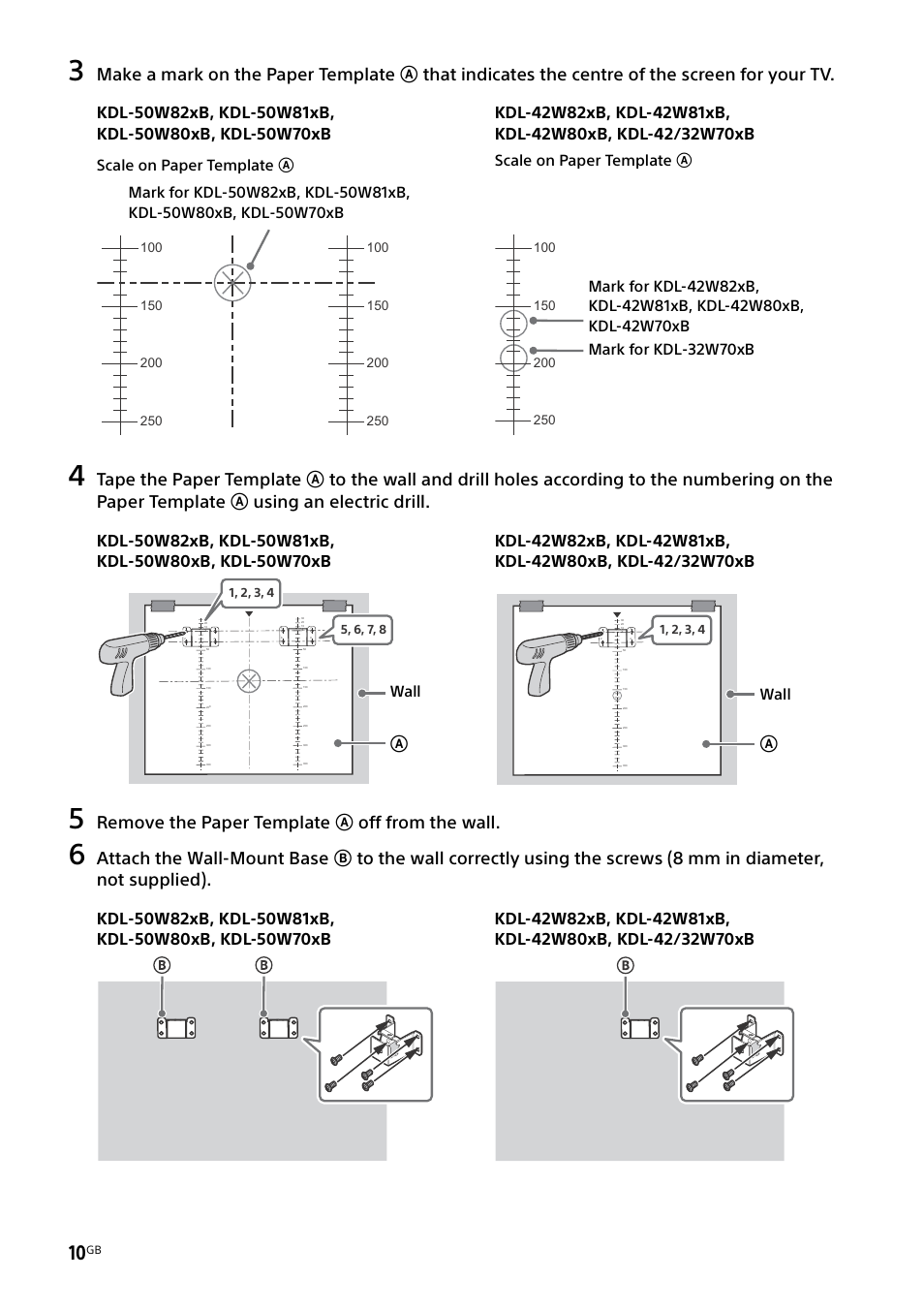 Remove the paper template a off from the wall, Scale on paper template a, Wall | Sony KDL-50W805B User Manual | Page 10 / 376