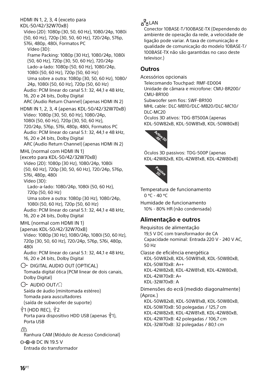 Outros, Alimentação e outros | Sony KDL-50W805B User Manual | Page 104 / 376