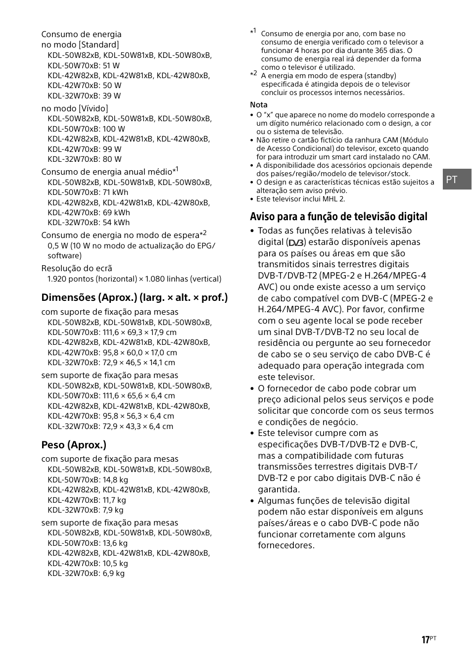 Aviso para a função de televisão digital, Pt 17, Dimensões (aprox.) (larg. × alt. × prof.) | Peso (aprox.) | Sony KDL-50W805B User Manual | Page 105 / 376