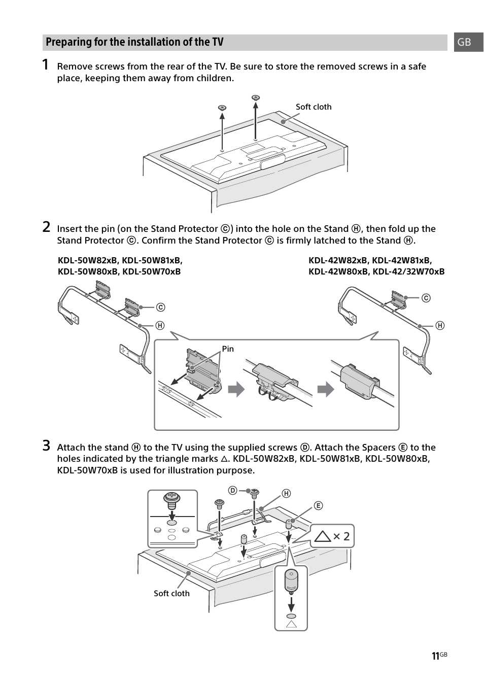 Preparing for the installation of the tv | Sony KDL-50W805B User Manual | Page 11 / 376