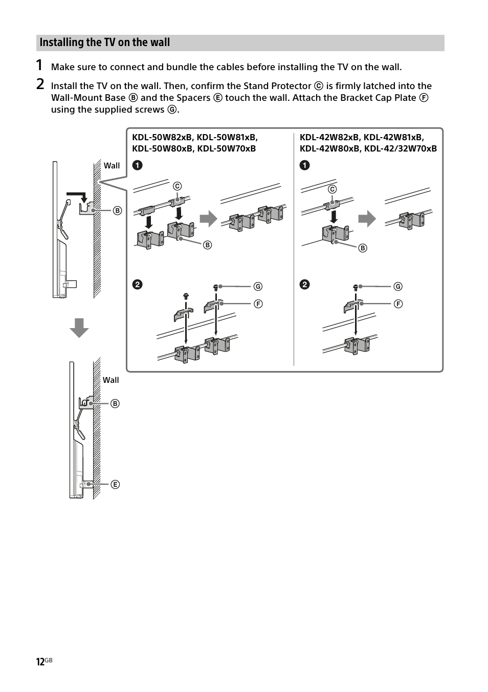 Installing the tv on the wall | Sony KDL-50W805B User Manual | Page 12 / 376