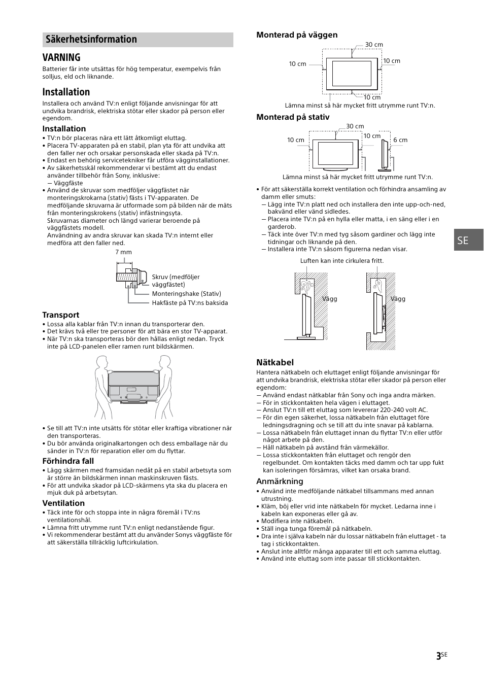 Säkerhetsinformation, Säkerhetsinformation” (sidan 3), Installation | Sony KDL-50W805B User Manual | Page 129 / 376