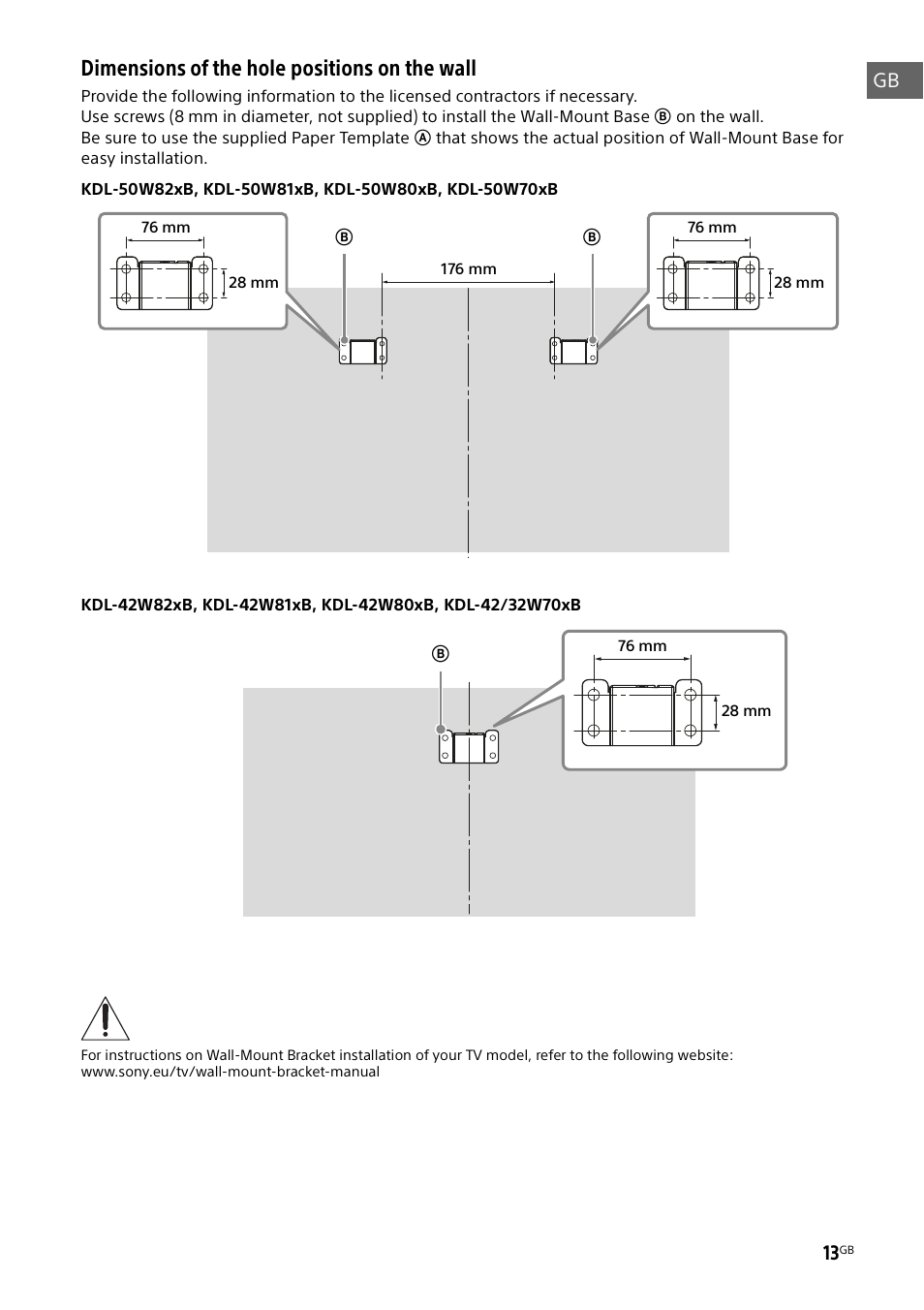 Dimensions of the hole positions on the wall | Sony KDL-50W805B User Manual | Page 13 / 376