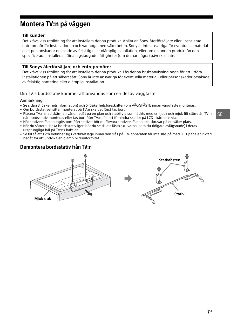 Montera tv:n på väggen, Demontera bordsstativ från tv:n | Sony KDL-50W805B User Manual | Page 133 / 376