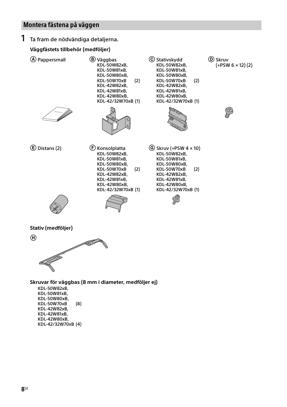 Montera fästena på väggen | Sony KDL-50W805B User Manual | Page 134 / 376