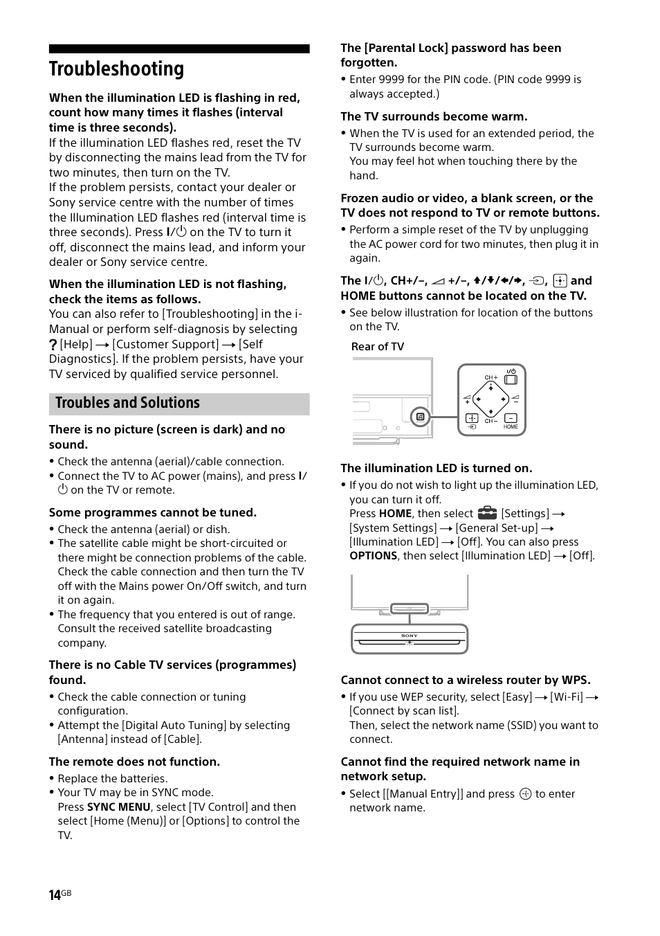 Troubleshooting, Troubles and solutions | Sony KDL-50W805B User Manual | Page 14 / 376