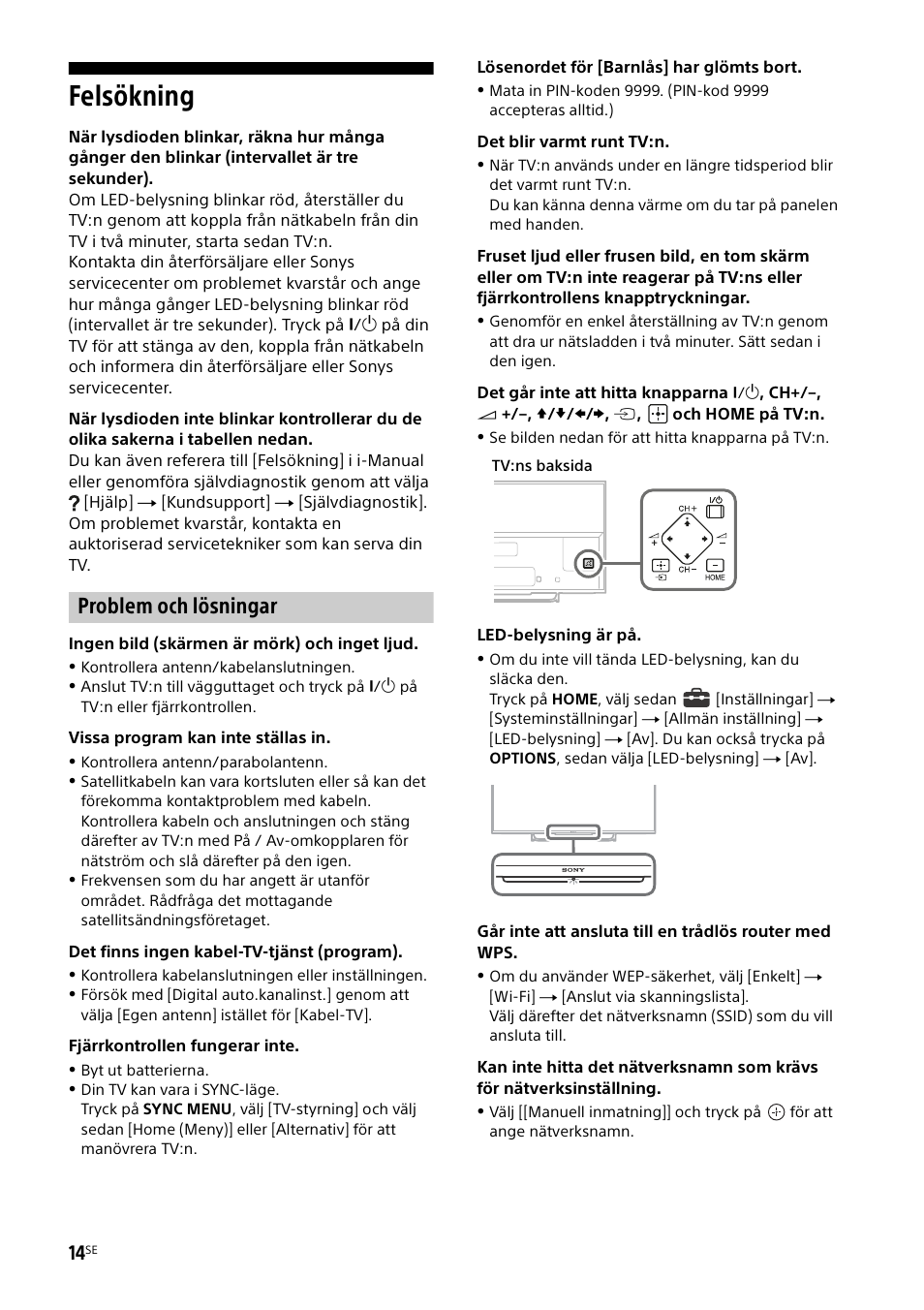 Felsökning, Problem och lösningar | Sony KDL-50W805B User Manual | Page 140 / 376