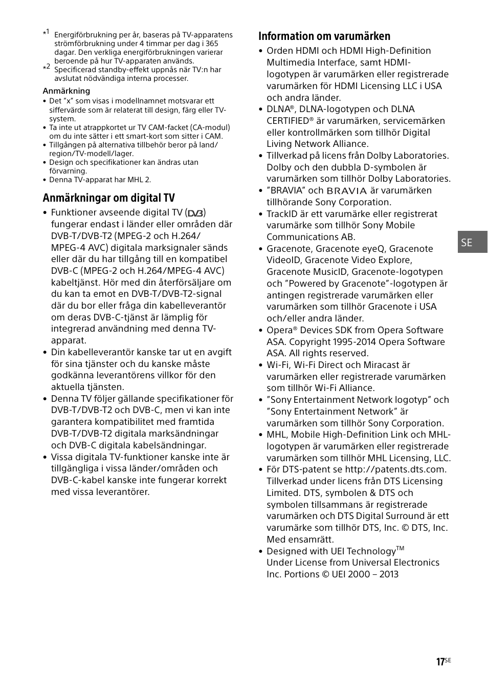 Anmärkningar om digital tv, Information om varumärken | Sony KDL-50W805B User Manual | Page 143 / 376