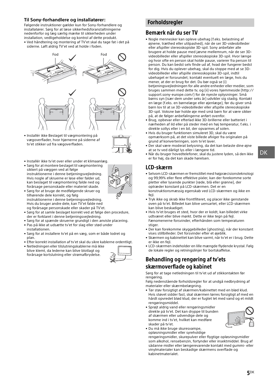 Forholdsregler, Dk 5, Bemærk når du ser tv | Lcd-skærm | Sony KDL-50W805B User Manual | Page 149 / 376