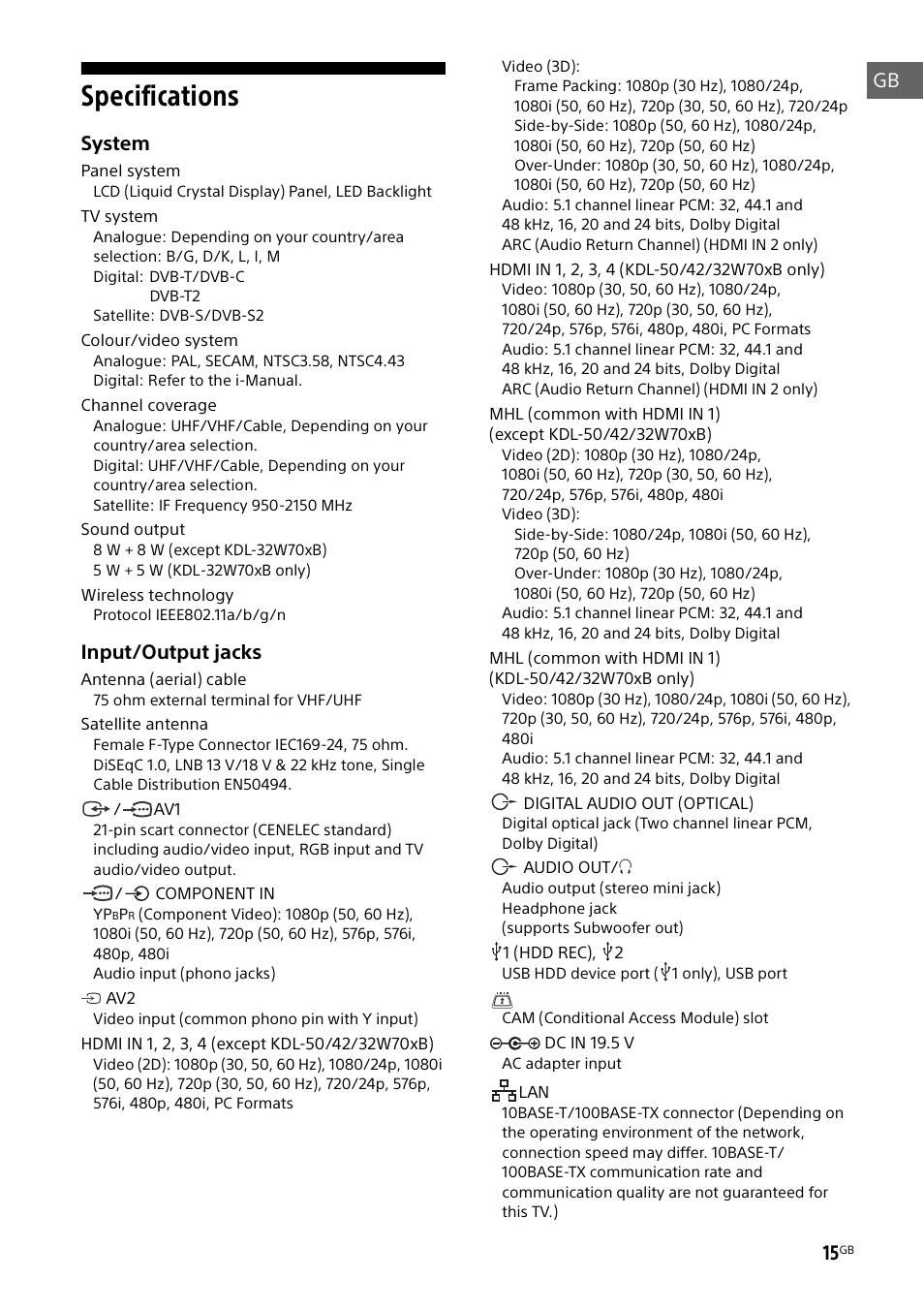 Specifications, System, Input/output jacks | Sony KDL-50W805B User Manual | Page 15 / 376