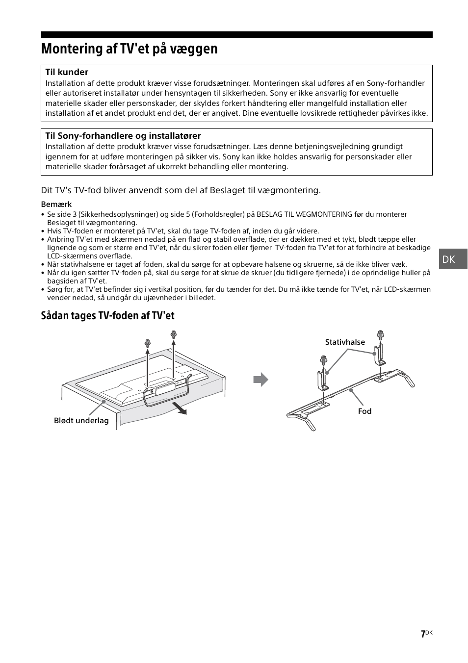 Montering af tv'et på væggen, Sådan tages tv-foden af tv'et, Dk 7 | Sony KDL-50W805B User Manual | Page 151 / 376