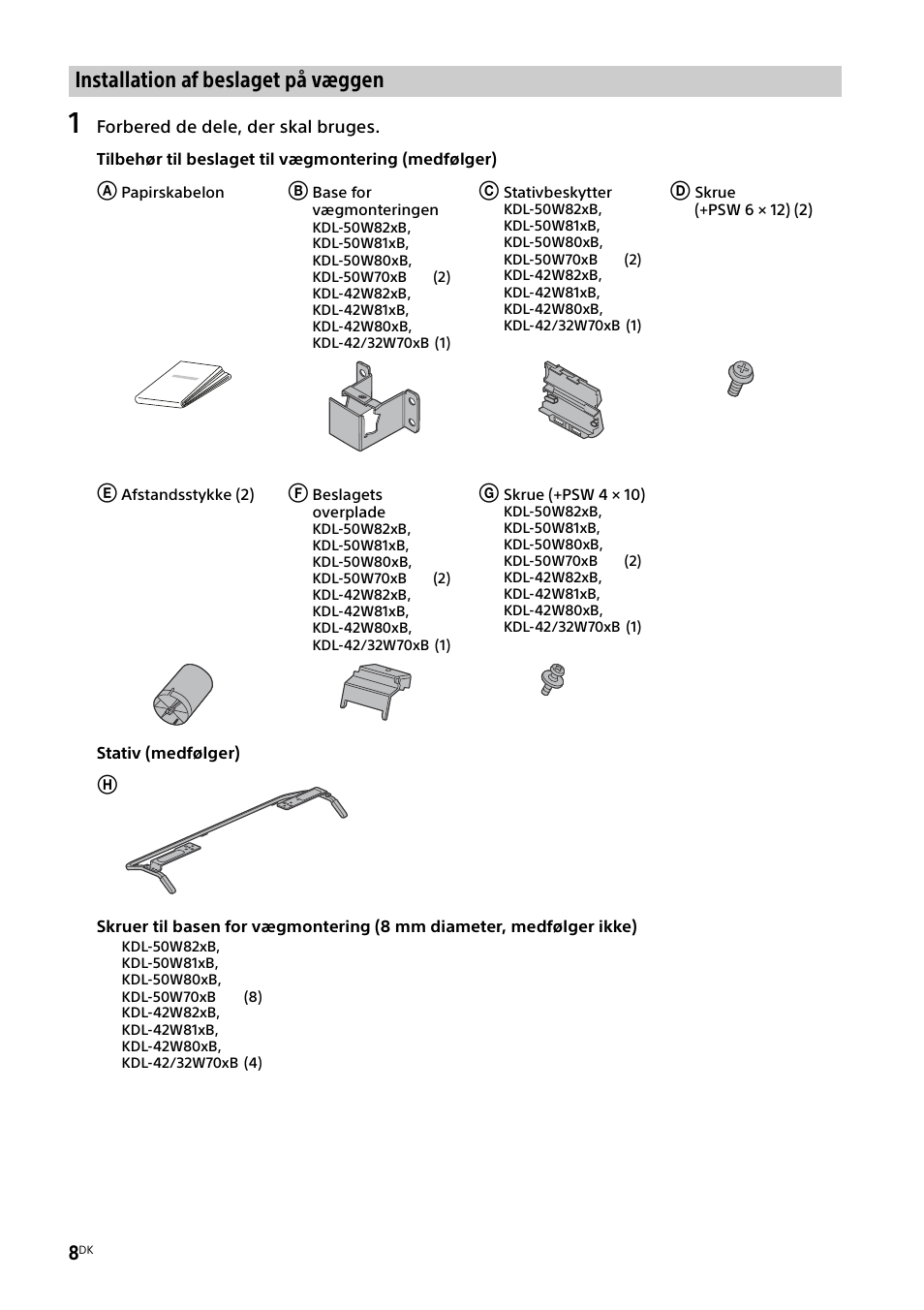 Installation af beslaget på væggen | Sony KDL-50W805B User Manual | Page 152 / 376