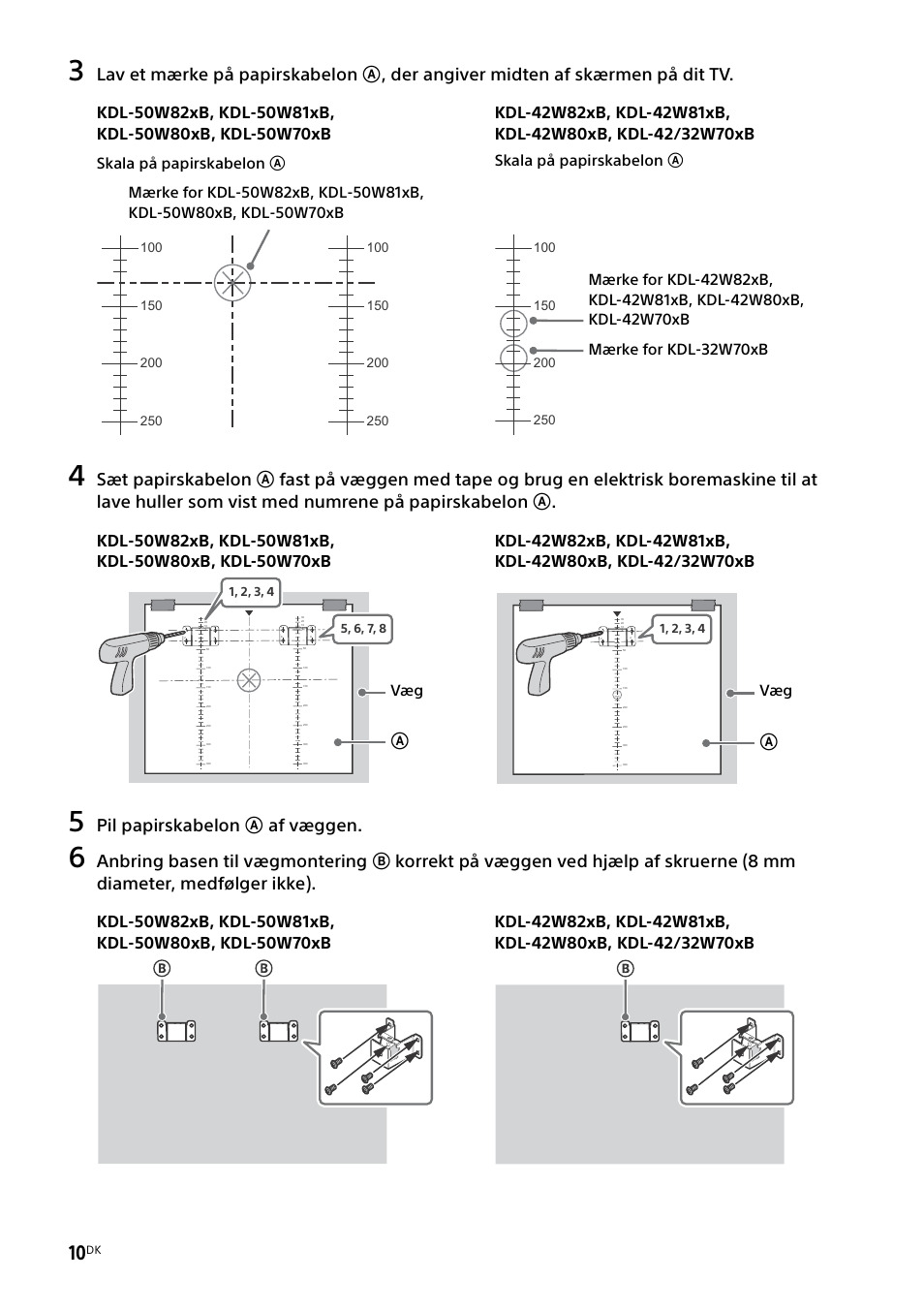 Pil papirskabelon a af væggen, Skala på papirskabelon a | Sony KDL-50W805B User Manual | Page 154 / 376