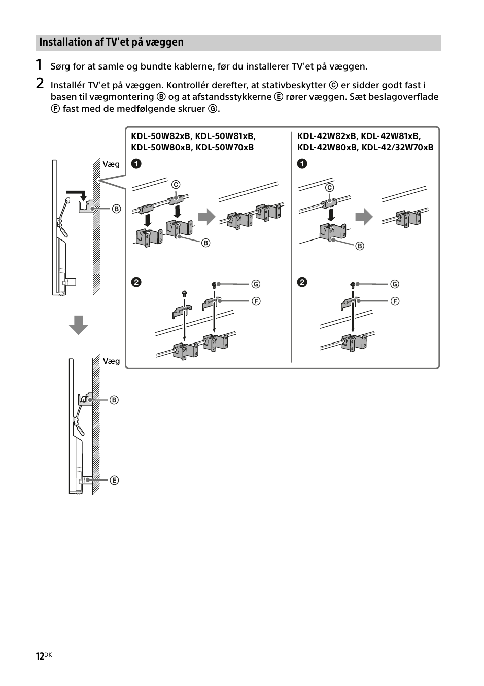 Installation af tv'et på væggen | Sony KDL-50W805B User Manual | Page 156 / 376