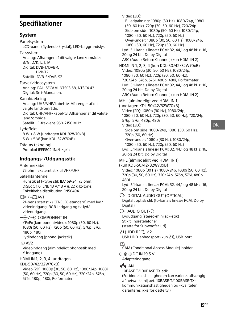 Specifikationer, Dk 15, System | Indgangs-/udgangsstik | Sony KDL-50W805B User Manual | Page 159 / 376