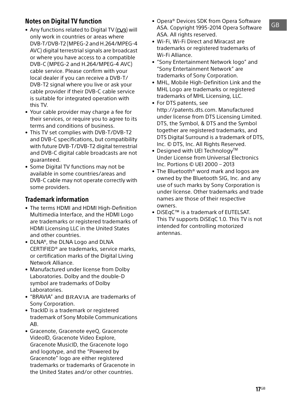 Trademark information | Sony KDL-50W805B User Manual | Page 17 / 376