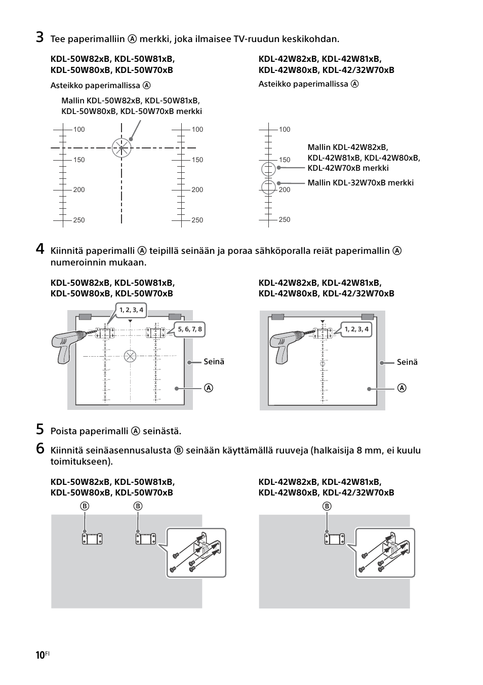 Poista paperimalli a seinästä, Asteikko paperimallissa a, Seinä | Sony KDL-50W805B User Manual | Page 170 / 376