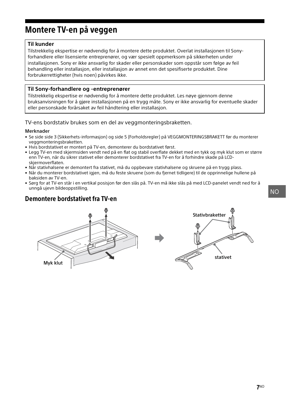 Montere tv-en på veggen, Montere tv-en på veggen” e, Demontere bordstativet fra tv-en | No 7 | Sony KDL-50W805B User Manual | Page 183 / 376