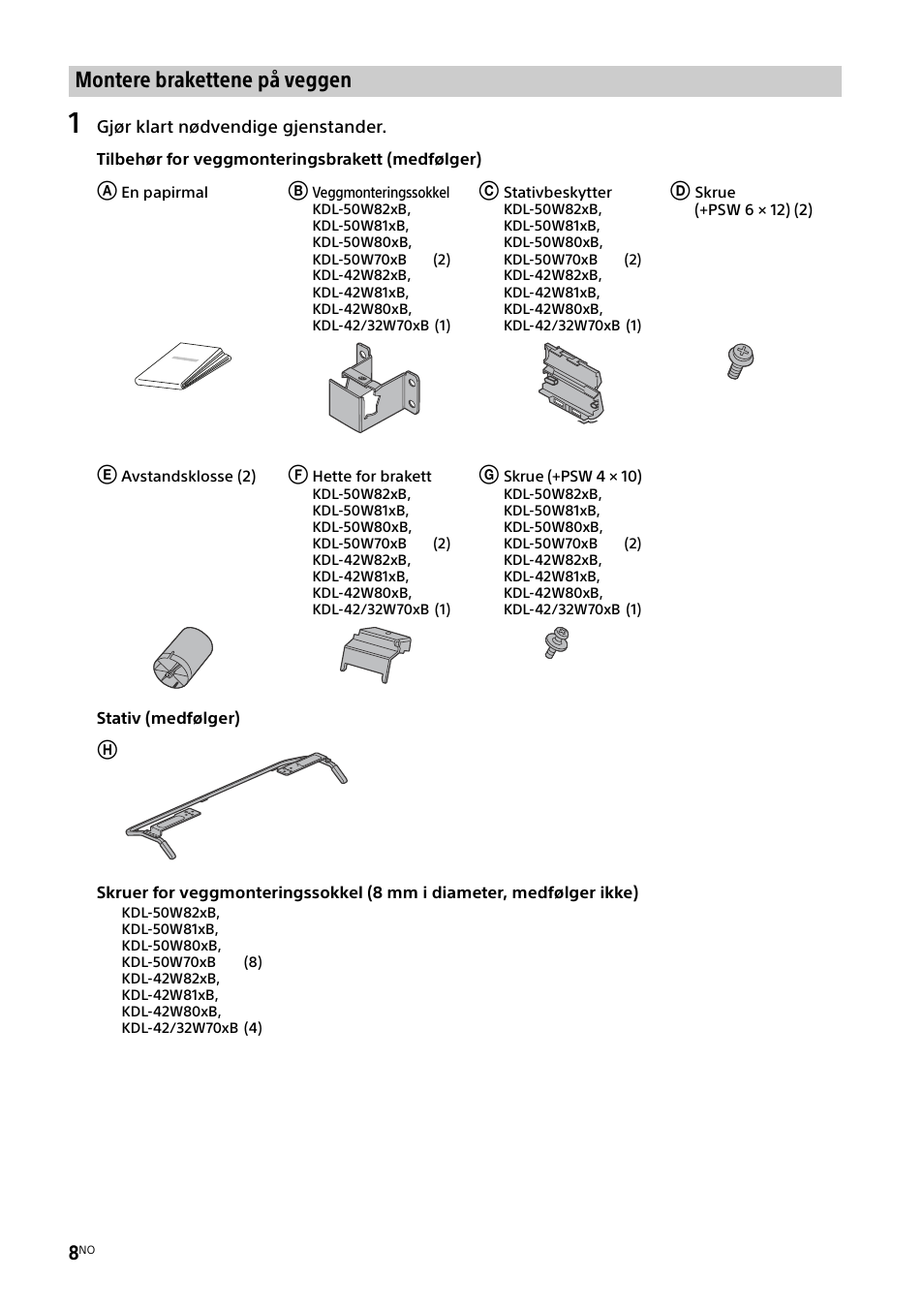 Montere brakettene på veggen | Sony KDL-50W805B User Manual | Page 184 / 376