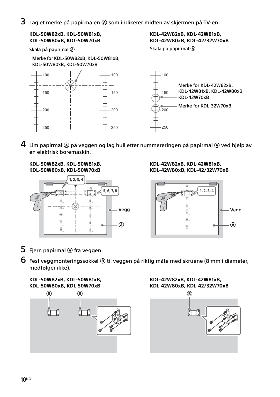 Fjern papirmal a fra veggen, Skala på papirmal a, Vegg | Sony KDL-50W805B User Manual | Page 186 / 376