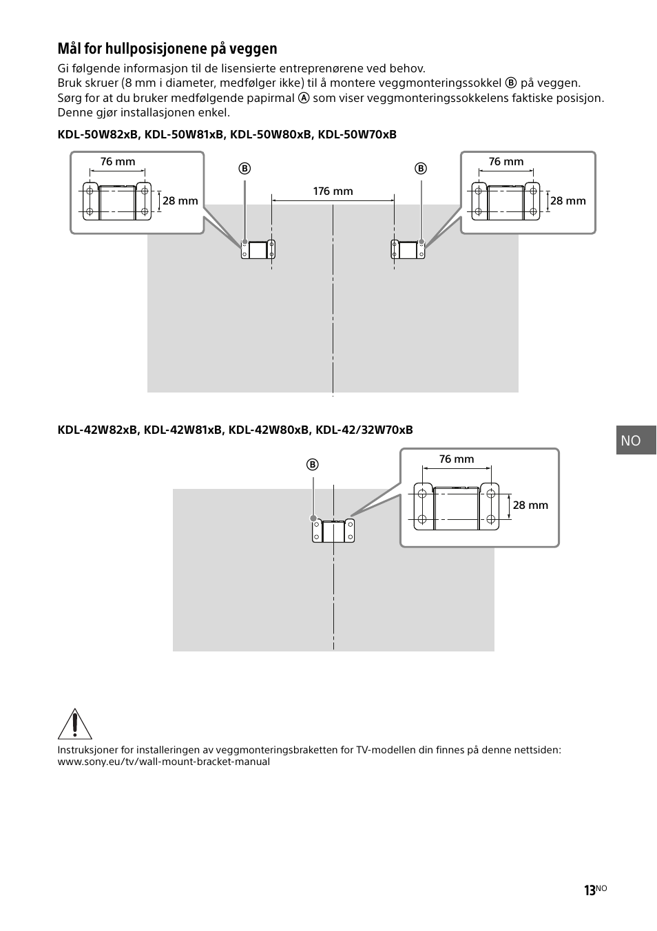 Mål for hullposisjonene på veggen, No 13 | Sony KDL-50W805B User Manual | Page 189 / 376