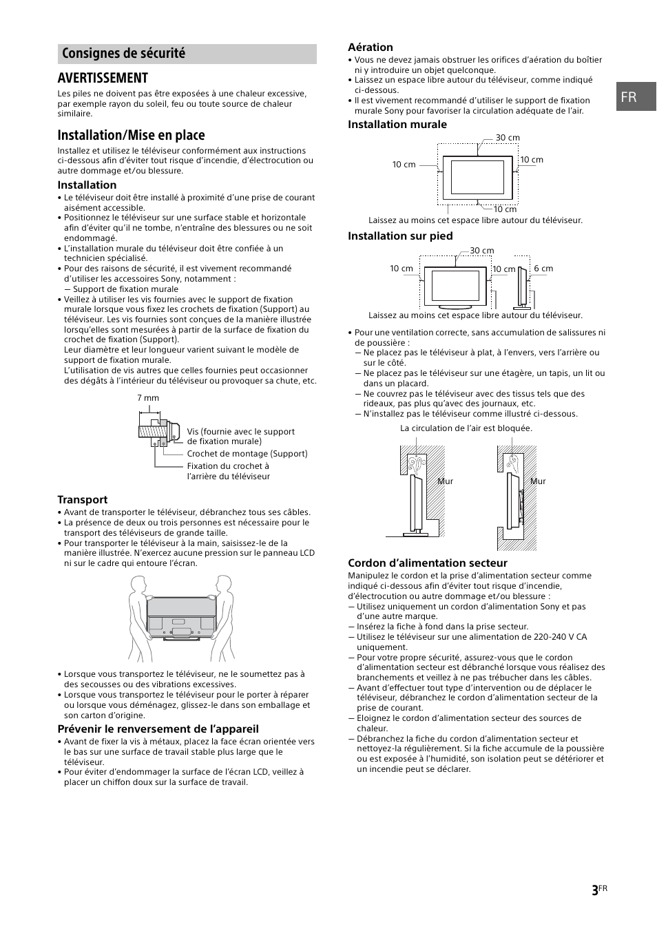 Consignes de sécurité, Installation/mise en place | Sony KDL-50W805B User Manual | Page 19 / 376
