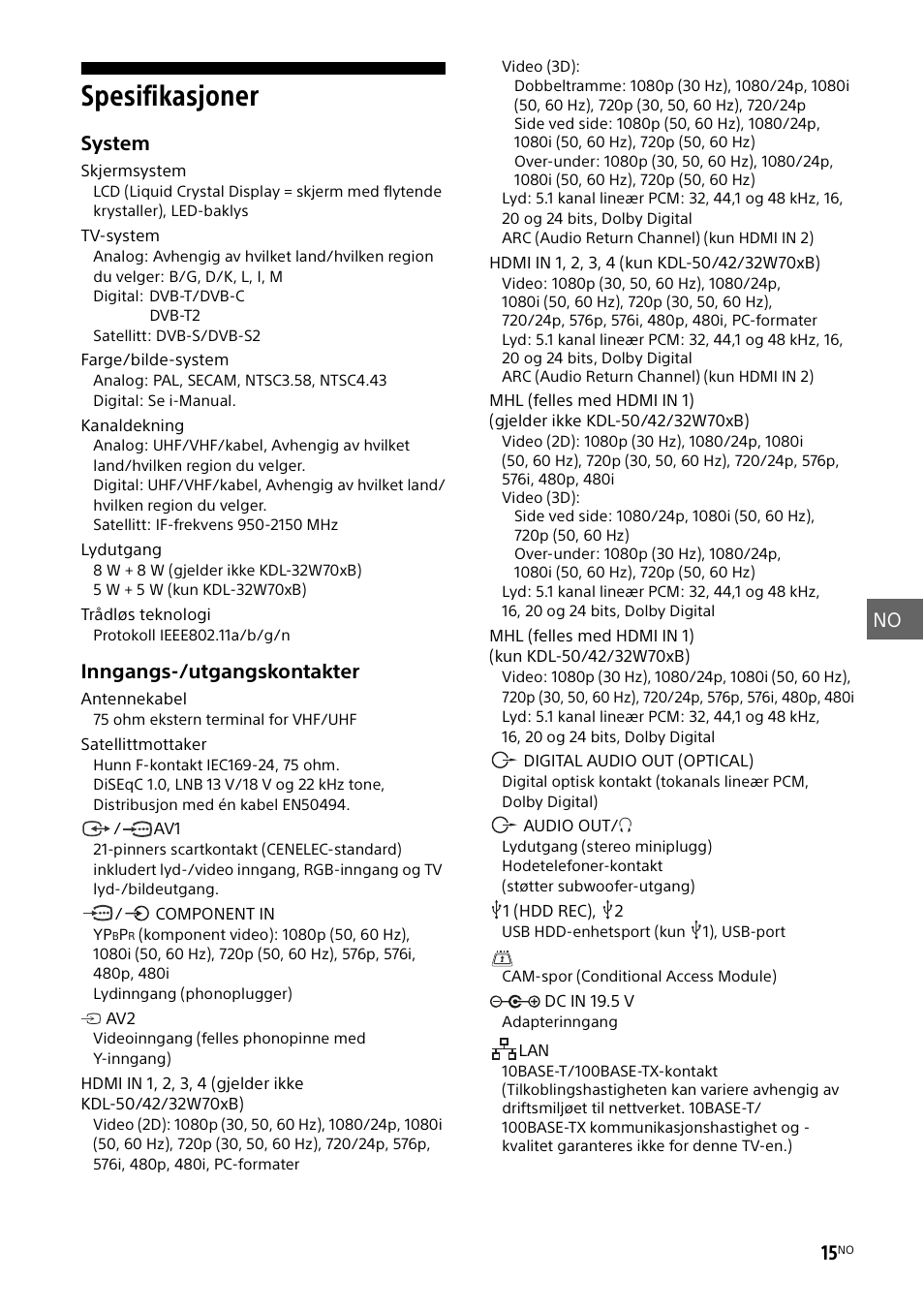 Spesifikasjoner, No 15, System | Inngangs-/utgangskontakter | Sony KDL-50W805B User Manual | Page 191 / 376