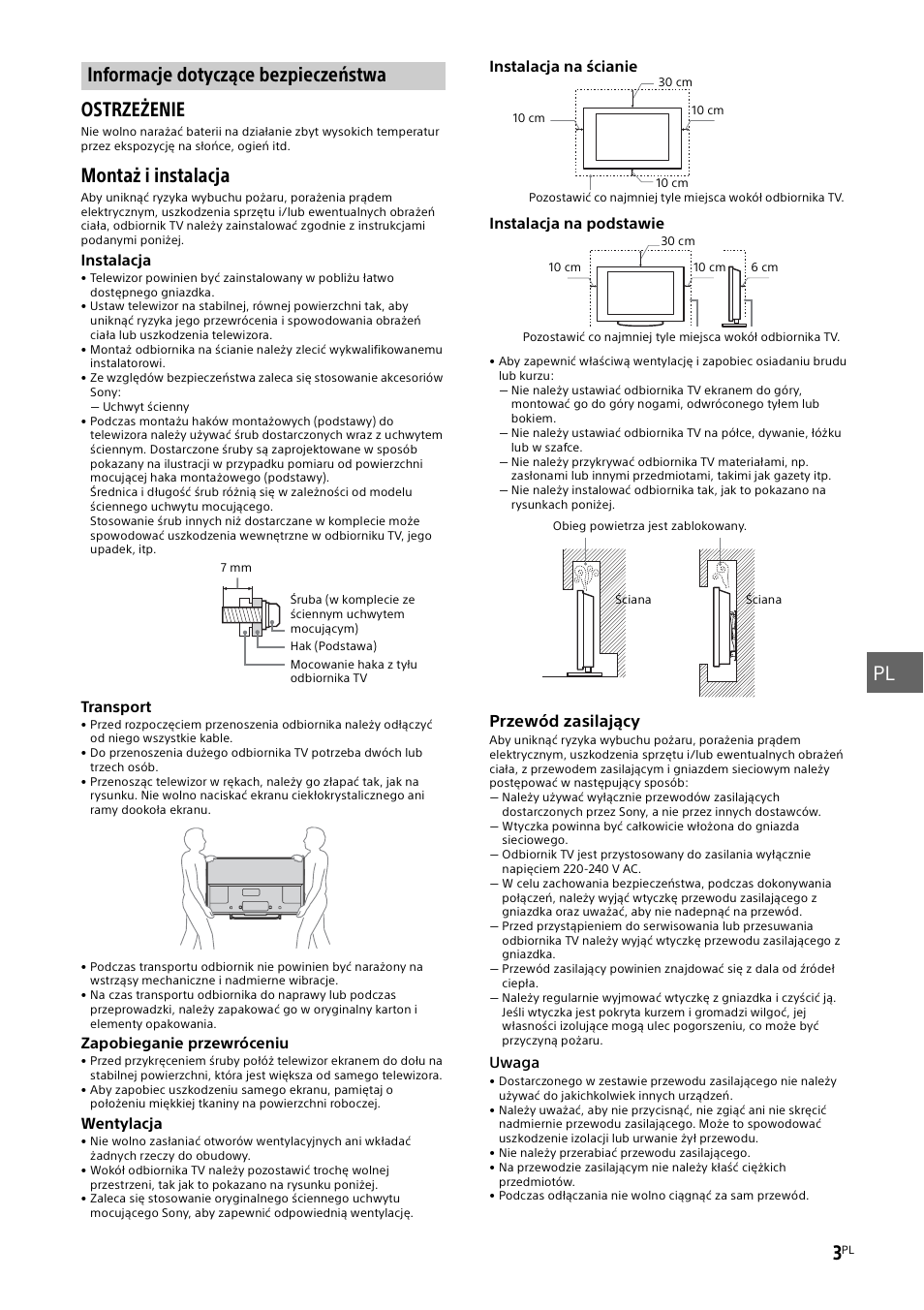 Informacje dotyczące bezpieczeństwa, Informacje, Montaż i instalacja | Sony KDL-50W805B User Manual | Page 195 / 376