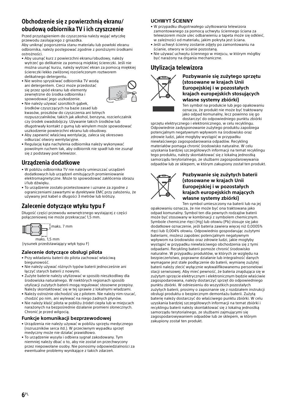 Urządzenia dodatkowe, Zalecenie dotyczące wtyku typu f, Utylizacja telewizora | Sony KDL-50W805B User Manual | Page 198 / 376