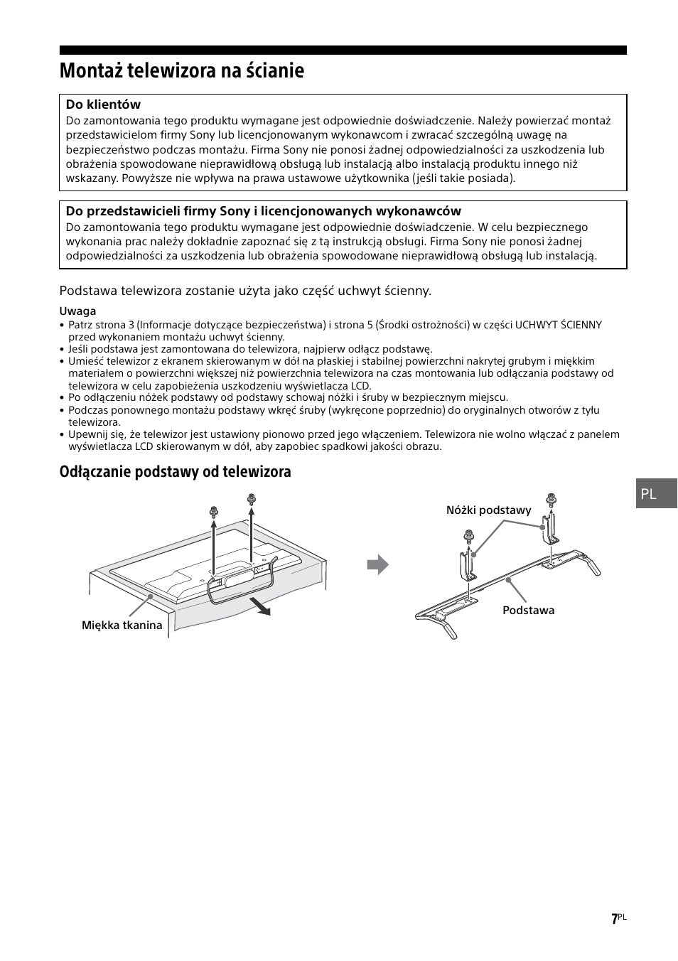 Montaż telewizora na ścianie, Odłączanie podstawy od telewizora | Sony KDL-50W805B User Manual | Page 199 / 376