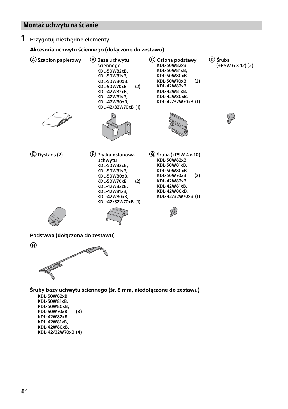 Montaż uchwytu na ścianie | Sony KDL-50W805B User Manual | Page 200 / 376