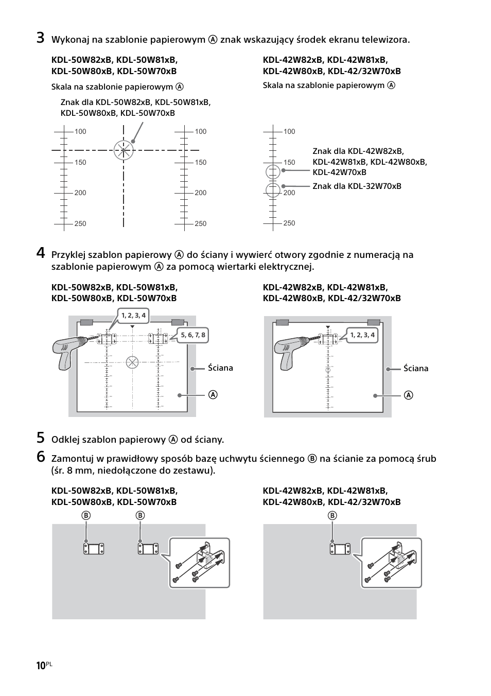 Odklej szablon papierowy a od ściany, Skala na szablonie papierowym a, Ściana | Sony KDL-50W805B User Manual | Page 202 / 376