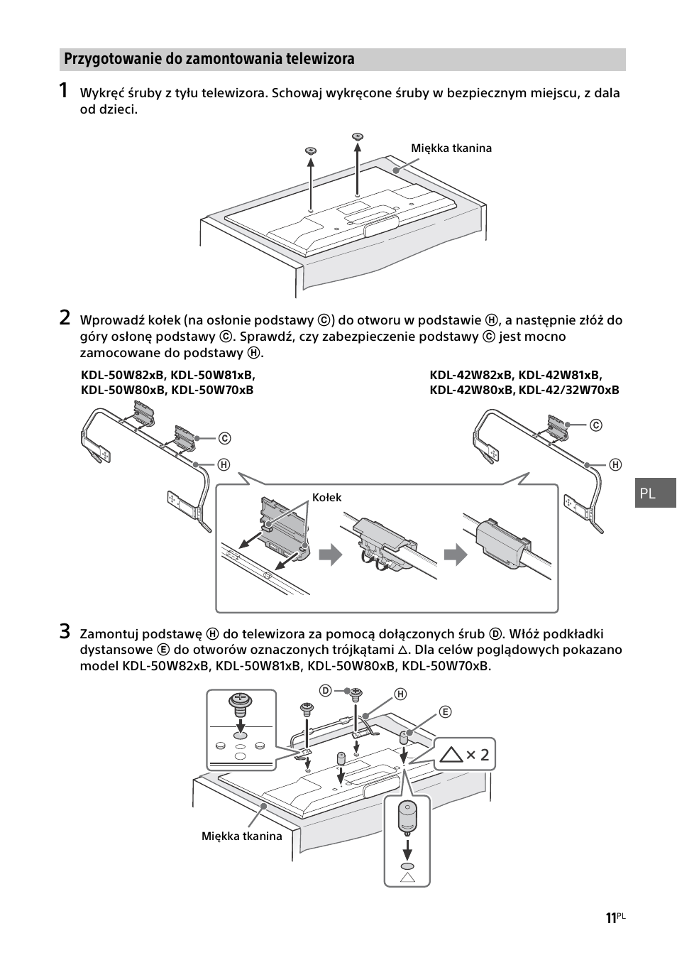 Przygotowanie do zamontowania telewizora | Sony KDL-50W805B User Manual | Page 203 / 376