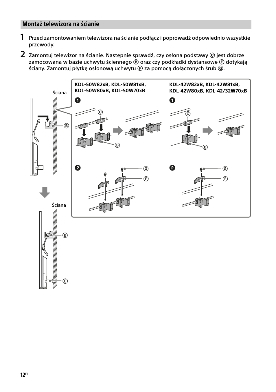 Montaż telewizora na ścianie | Sony KDL-50W805B User Manual | Page 204 / 376