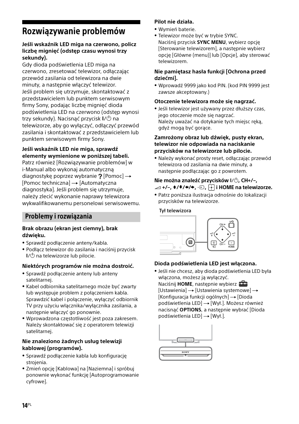 Rozwiązywanie problemów, Problemy i rozwiązania | Sony KDL-50W805B User Manual | Page 206 / 376
