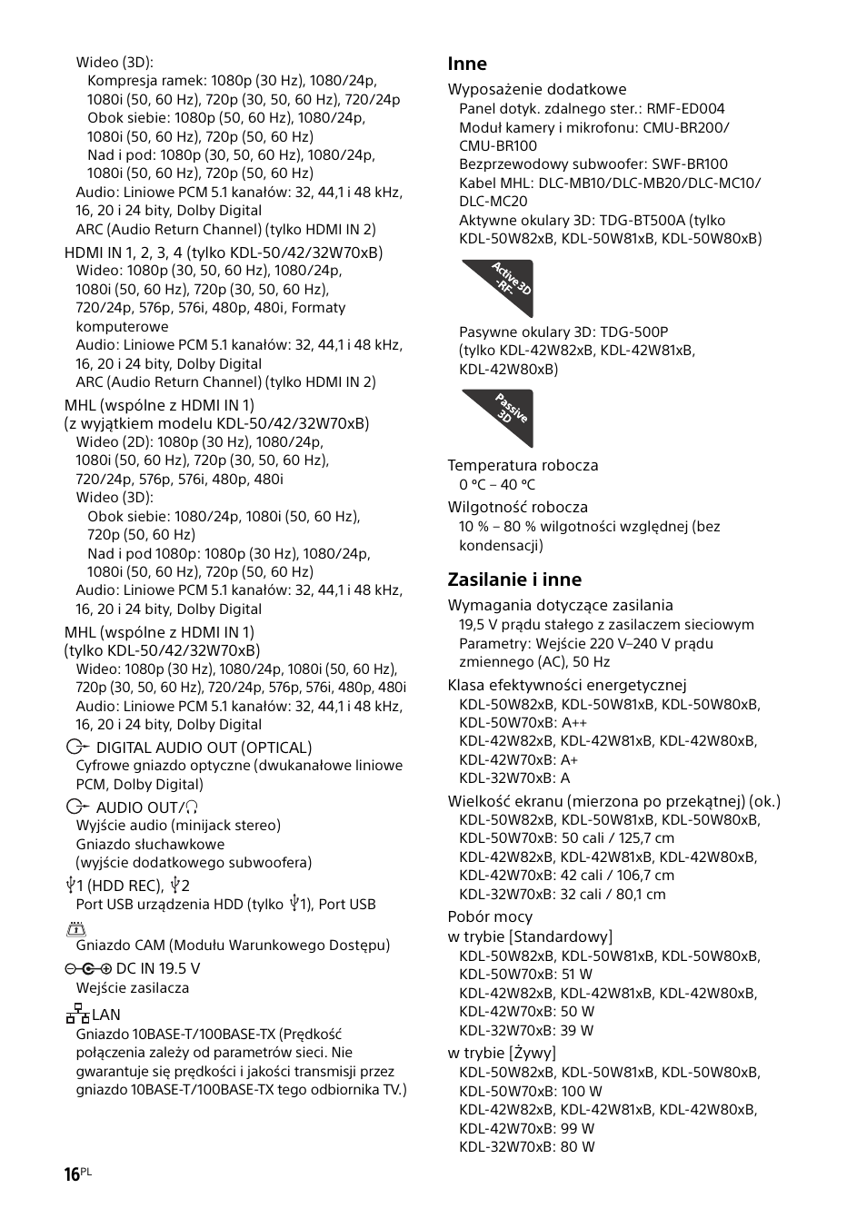Inne, Zasilanie i inne | Sony KDL-50W805B User Manual | Page 208 / 376