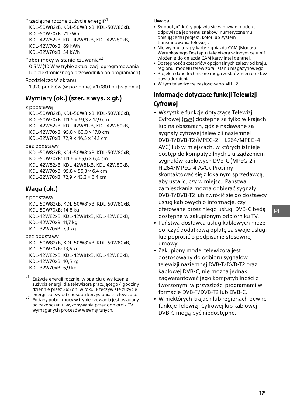 Informacje dotyczące funkcji telewizji cyfrowej | Sony KDL-50W805B User Manual | Page 209 / 376