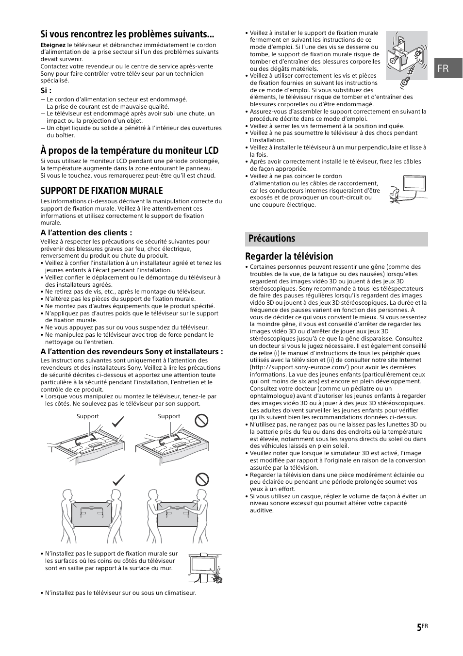 Précautions, À propos de la température du moniteur lcd, Support de fixation murale | Regarder la télévision | Sony KDL-50W805B User Manual | Page 21 / 376