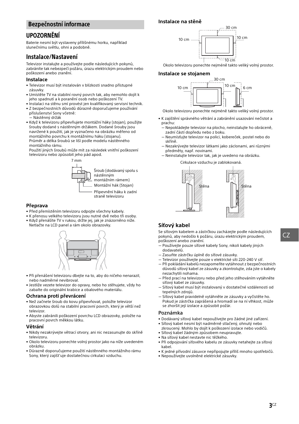 Bezpečnostní informace, Bezpečnostní, Informace | Instalace/nastavení | Sony KDL-50W805B User Manual | Page 213 / 376