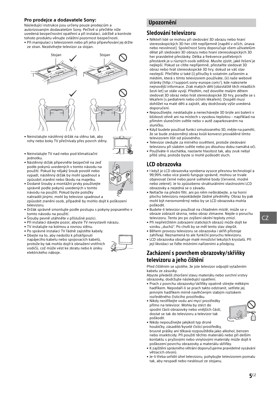 Upozornění, Sledování televizoru, Lcd obrazovka | Sony KDL-50W805B User Manual | Page 215 / 376