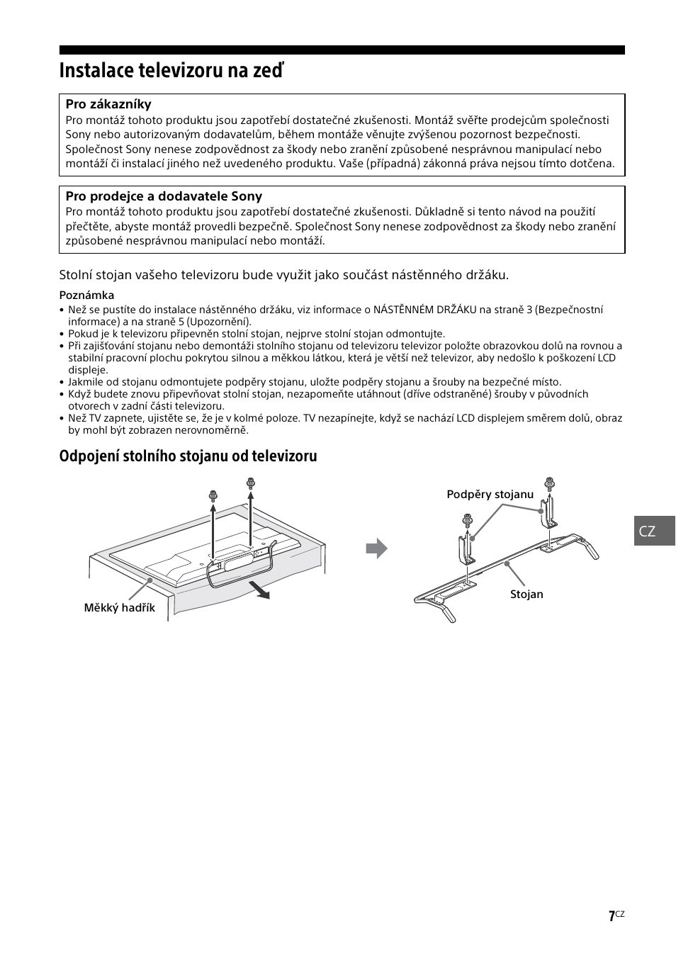 Instalace televizoru na zeď, Odpojení stolního stojanu od televizoru | Sony KDL-50W805B User Manual | Page 217 / 376