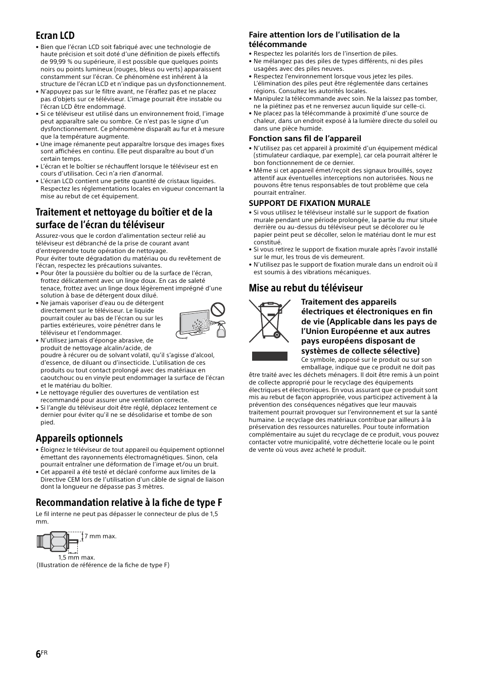 Ecran lcd, Appareils optionnels, Recommandation relative à la fiche de type f | Mise au rebut du téléviseur | Sony KDL-50W805B User Manual | Page 22 / 376