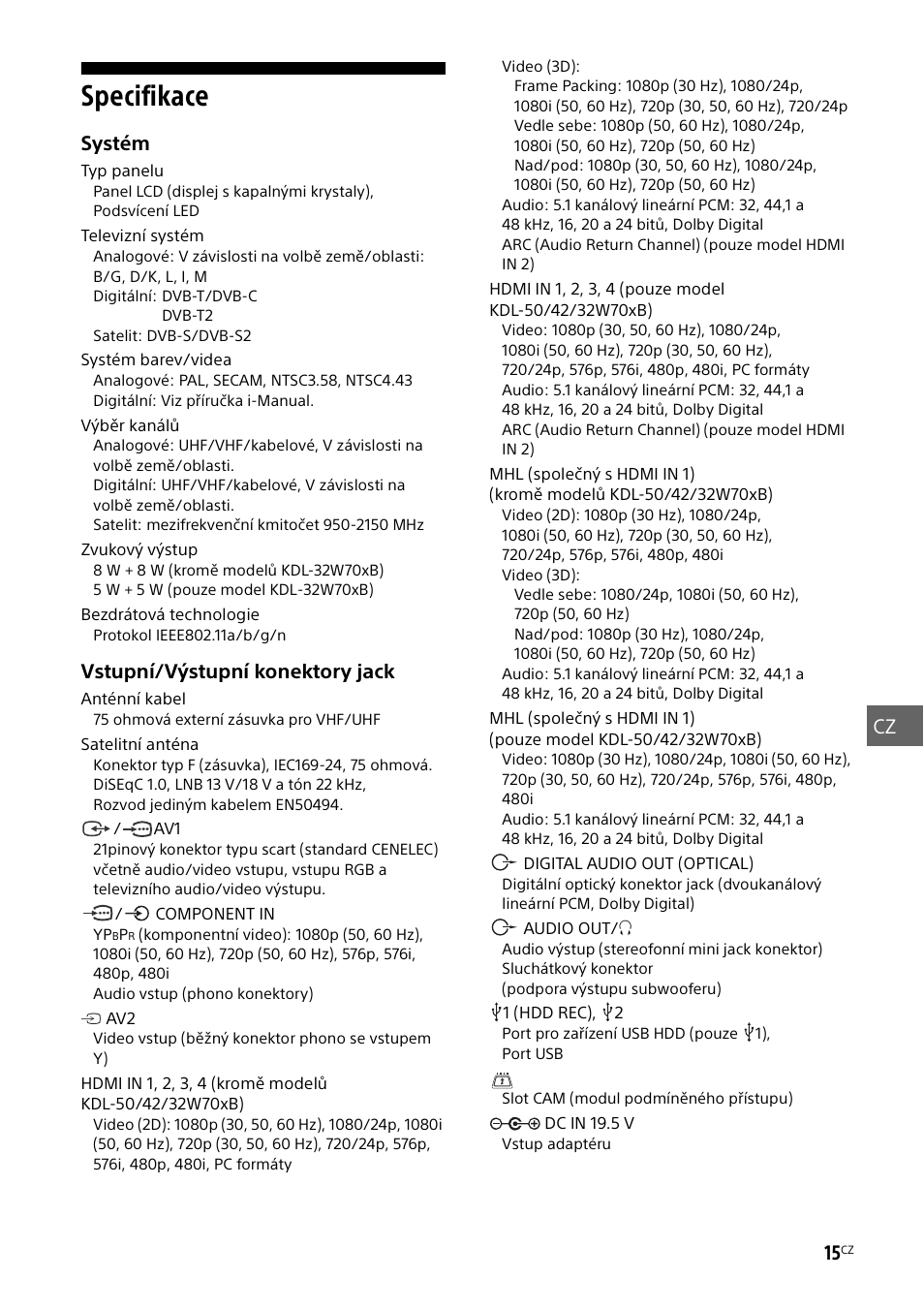 Specifikace | Sony KDL-50W805B User Manual | Page 225 / 376