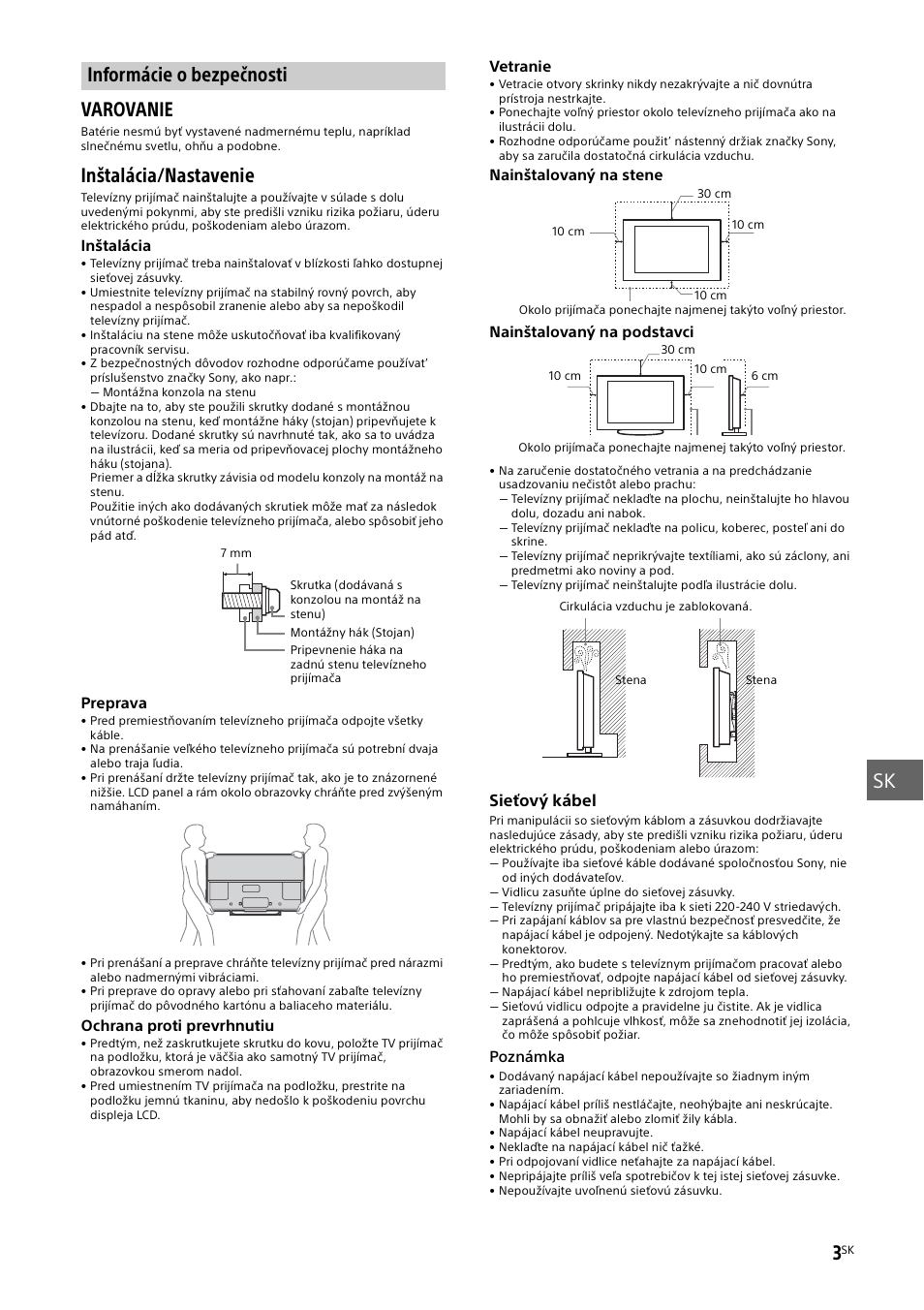 Informácie o bezpečnosti, Sk 3, Varovanie | Inštalácia/nastavenie | Sony KDL-50W805B User Manual | Page 231 / 376
