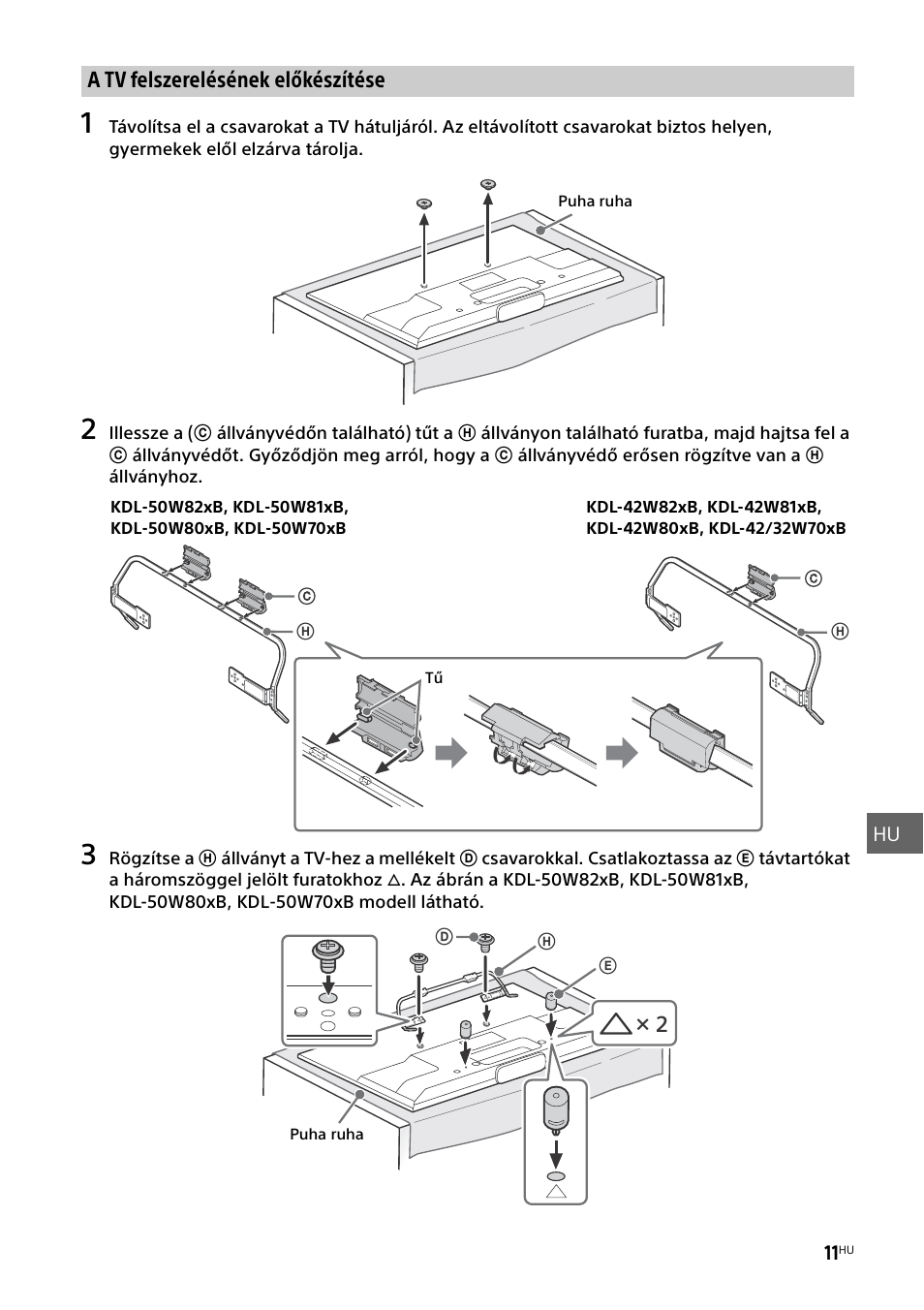 A tv felszerelésének előkészítése | Sony KDL-50W805B User Manual | Page 257 / 376
