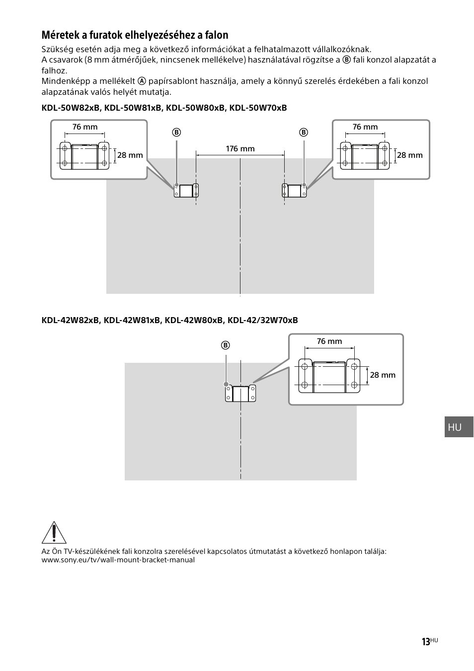 Méretek a furatok elhelyezéséhez a falon, Hu 13 | Sony KDL-50W805B User Manual | Page 259 / 376