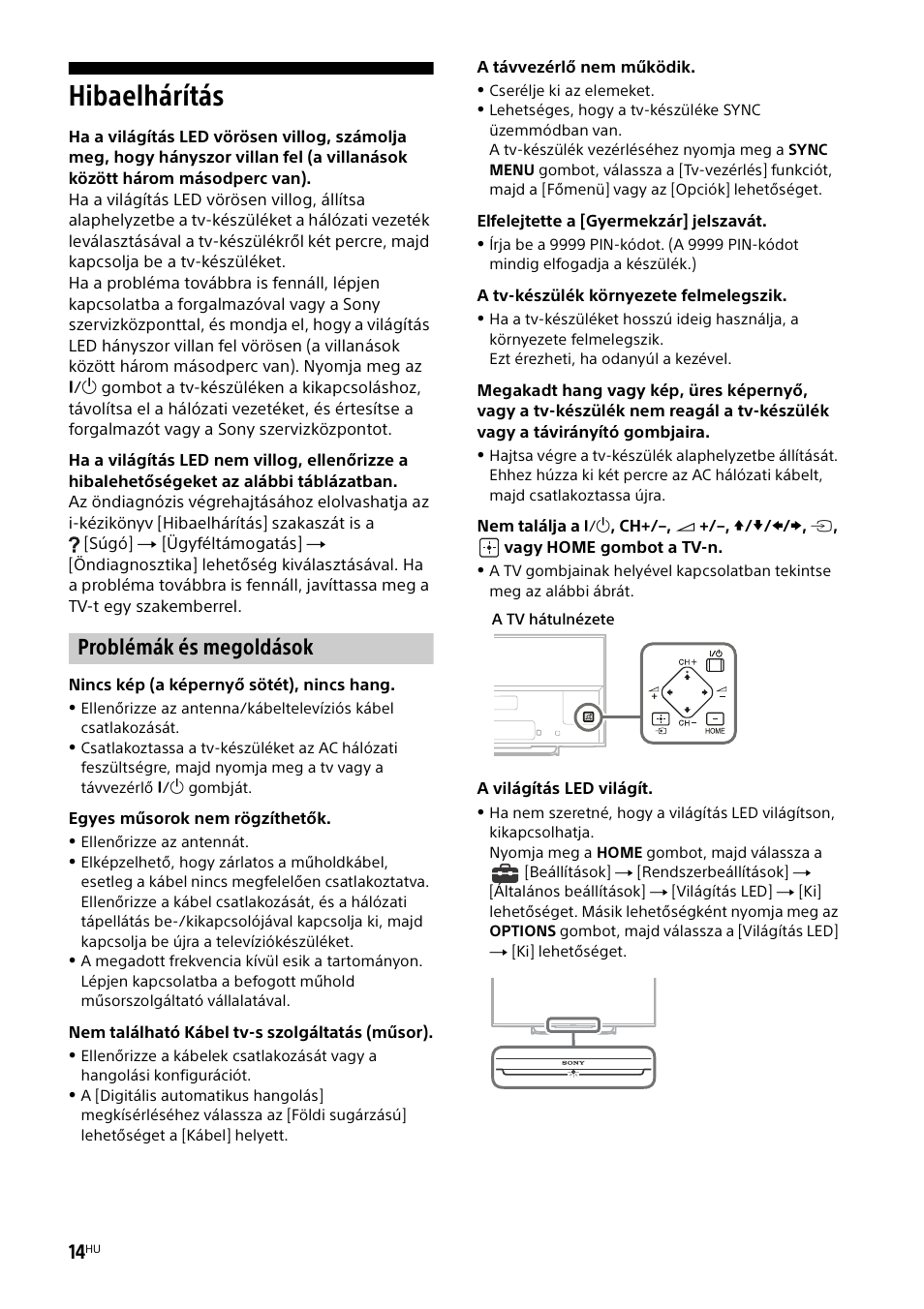 Hibaelhárítás, Problémák és megoldások | Sony KDL-50W805B User Manual | Page 260 / 376