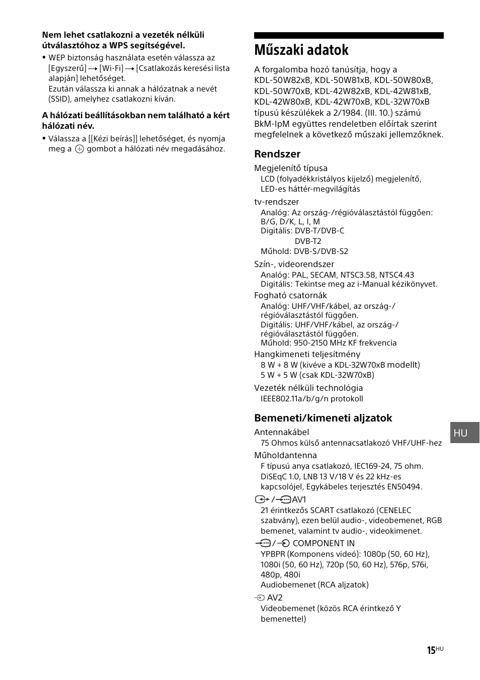 Műszaki adatok, Hu 15, Rendszer | Bemeneti/kimeneti aljzatok | Sony KDL-50W805B User Manual | Page 261 / 376