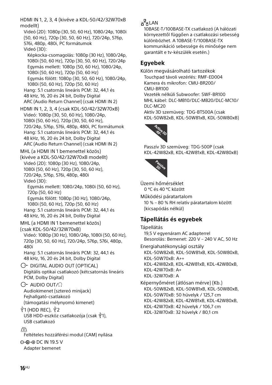 Egyebek, Tápellátás és egyebek | Sony KDL-50W805B User Manual | Page 262 / 376
